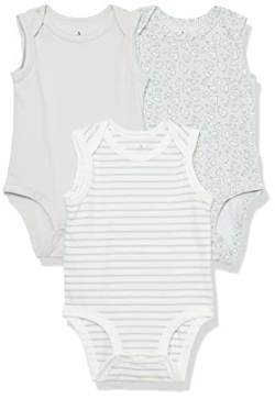 Amazon Essentials Unisex Baby Ärmelloser Body aus Baumwoll-Stretchjersey (zuvor Amazon Aware), 3er-Pack, Beige/Grau Streifen/Grün Vogelmuster, 12 Monate von Amazon Essentials