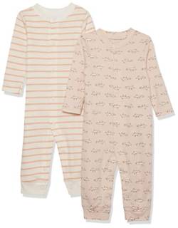 Amazon Essentials Unisex Baby Fußloser Overall aus Bio-Baumwolle (zuvor Amazon Aware), 2er-Pack, Beige Maus/Rosa Streifen, 6-9 Monate von Amazon Essentials