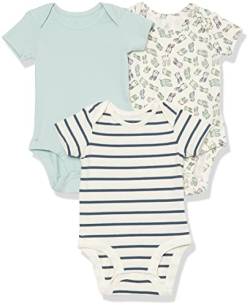 Amazon Essentials Unisex Baby Kurzärmliger Body aus Baumwoll-Stretchjersey (zuvor Amazon Aware), 3er-Pack, Beige Kaninchen/Marineblau Streifen/Staubblau, 0-3 Monate von Amazon Essentials