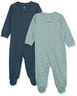 Amazon Essentials Unisex Baby Strampler mit Füßen aus Bio-Baumwolle (zuvor Amazon Aware), 2er-Pack, Grün Fuchsaufdruck/Marineblau, 0 Monate von Amazon Essentials