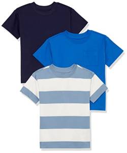 Amazon Essentials Unisex Kinder Kurzärmeliges Sport-T-Shirt, 3er-Pack, Dunkles Marineblau/Kräftiges Blau/Weiß Rugby-Streifen, 2 Jahre von Amazon Essentials
