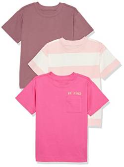 Amazon Essentials Unisex Kinder Kurzärmeliges Sport-T-Shirt, 3er-Pack, Rosa Textaufdruck/Staubrosé/Weiß Rugby-streifen, 5 Jahre von Amazon Essentials