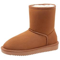 Damen Schneestiefel Winterstiefel Knöchelhohe Stiefeletten Schlupfstiefel Schuhe Winterschuhe Gefütterte Warm Stiefel Klassische Schneestiefel aus Veganem Wildlederimitat, Braun,38 EU von Ambayz