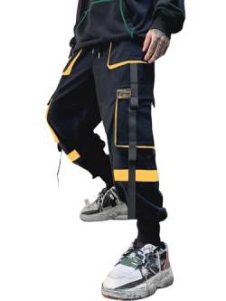 Ambcol Herren Jogger Pants Techwear Hip Hop Haremshose Streetwear Taktische Trainingshose mit Kordelzug, Schwarz / Gelb, Klein von Ambcol