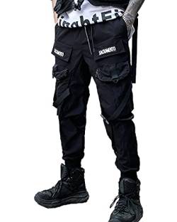 Ambcol Streetwear Hip Hop Hose Cargohose Jogger Casual Active Sport Sweatpants für Herren Paar Frauen Unisex, Schwarz 39, Klein, PT039BK102 von Ambcol
