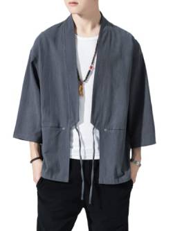 Herren Japanische Kimono Strickjacke Lose Baumwolle Leinen 3/4 Ärmel Open Front Casual Sommer Hemd Jacken, 04- Grau, Mittel von Ambcol