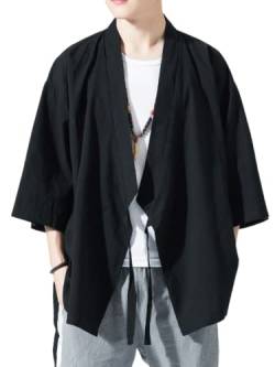 Herren Japanische Kimono Strickjacke Lose Baumwolle Leinen 3/4 Ärmel Open Front Casual Sommer Hemd Jacken, 05- Schwarz, Medium von Ambcol