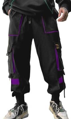 Herren Jogger Cargohose Streetwear Mode Hip Hop Sport Casual Active Athletics Coole Hose für Herren, schwarz / violett, Groß von Ambcol