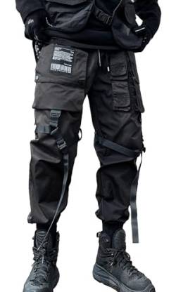 Herren Jogger Punk Cargo Baggy Techwear Hip Hop Harem Streetwear Tactical Track Pants, Schwarz-47, Mittel von Ambcol