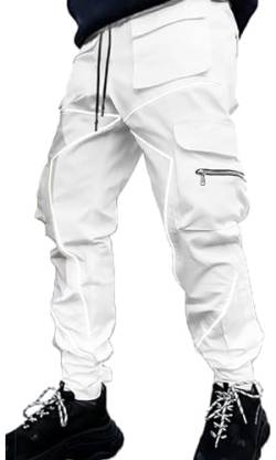 Herren Jogger Punk Cargo Baggy Techwear Hip Hop Harem Streetwear Tactical Track Pants, Weiß 31, Klein von Ambcol