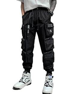 Herren Jogginghose Punk Cargo Baggy Techwear Hip Hop Harem Streetwear Taktische Trainingshose, Schwarz-42, X-Groß von Ambcol