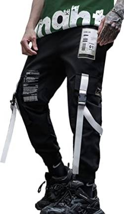 Herren Jogginghose Punk Cargo Baggy Techwear Hip Hop Harem Streetwear Taktische Trainingshose, Schwarz-48, X-Groß von Ambcol