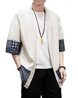 Herren Kimono Jacken Cardigan Leichte Casual Baumwolle Leinen Mischgewebe 3/4 Ärmel Offene Front Mantel Outwear - Beige - Groß von Ambcol