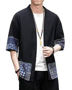 Herren Kimono Jacken Cardigan Leichte Casual Baumwolle Leinen Mischgewebe 3/4 Ärmel Offene Front Mantel Outwear - Schwarz - Groß von Ambcol