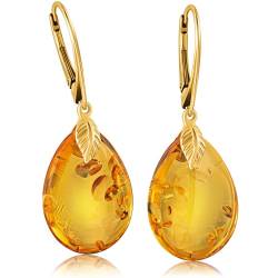 Amber by Mazukna – Bernstein-Tropfen-Ohrringe für Damen – Gelbgold-vergoldeter Silberverschluss, 43x15mm, 5,5 g, leichter Halbedelstein, Schmuck für Damen (Baltischer Bernstein) von Amber by Mazukna