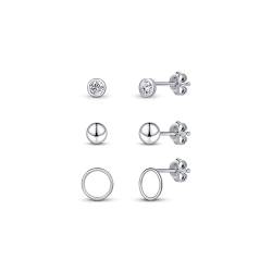 Amberta Damen Minimalistische Ohrstecker Set aus 925 Sterling Silber: Lünette CZ, Kugel und Hohlkreis Set von Amberta