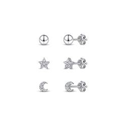 Amberta Damen Minimalistische Ohrstecker Set aus 925 Sterling Silber: Set aus Kugel, Kristallstern und CZ Mond von Amberta