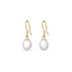 Amberta Frauen 925 Sterling Silber Süßwasser Perlen Ohrringe: Hängeohrringe mit 8-9 mm Oval Perlen - Vergoldet von Amberta