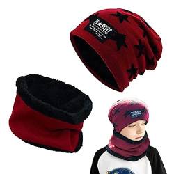 Amebleak Kinder Wintermütze und Schal Set, Winter Warm Beanie Mütze, Unisex Strickmütze mit Fleecefutter Mütze Schal, Wolle Strickmütze und Loop Schal für 6-14 Jahre Alt Jungen Mädchen (Rot) von Amebleak