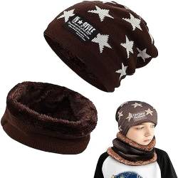 Amebleak Kinder Wintermütze und Schal Set, Winter Warm Beanie Mütze, Unisex Strickmütze mit Fleecefutter Mütze Schal, Wolle Strickmütze und Loop Schal für 6-14 Jahre Alt Jungen Mädchen (braun) von Amebleak