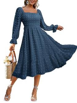 Amegoya Damen Boho Flowy Langarm Square Neck Maxikleid Floral Rüschen Gesmoktes gestuftes Langes Kleid, marineblau, Mittel von Amegoya