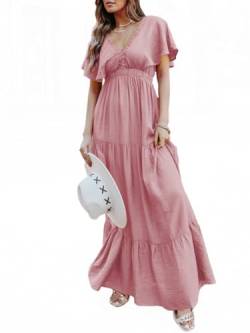 Amegoya Damen Casual Kurzarm V-Ausschnitt Floral Maxi Kleider Boho Strand Fotoshooting Flowy Rüschen Langes Kleid, 3 - Rosa - Neu, Klein von Amegoya