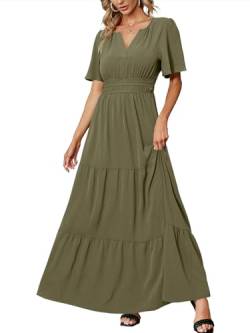 Amegoya Damenkleid, Samt, kurze Ärmel, V-Ausschnitt, formelle Hochzeitsgäste, Maxikleid, Herbst, Abend, Party, langes Kleid, A-olive grün, Klein von Amegoya