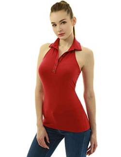 AmélieBoutik Damen-Bluse mit Neckholder-Kragen und Knöpfen, Rot/Ausflug, einfarbig (Getaway Solids), X-Klein von AmélieBoutik