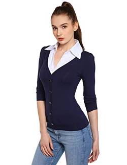 AmélieBoutik Damen Hemdkragen Plissee 2 in 1 Stil Pullover Bluse Top, Marineblau, X-Groß von AmélieBoutik