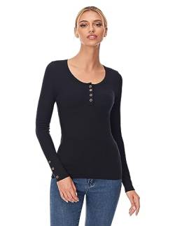 AmélieBoutik Damen Henley Langarm-Pulloveroberteil mit Waffelmuster, Schwarz, X-Groß von AmélieBoutik