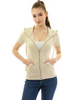 AmélieBoutik Damen Kurzarm Hoodies Jacken Sommer Full Zip Up Kapuze Casual Sweatshirts mit Taschen, beige, Large von AmélieBoutik