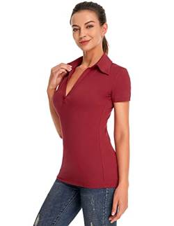 AmélieBoutik Damen Poloshirt mit Kragen, V-Ausschnitt, kurzärmelig, burgunderfarben, X-Groß von AmélieBoutik