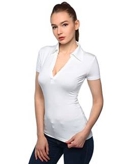 AmélieBoutik Damen Poloshirt mit Kragen, V-Ausschnitt, kurzärmelig, elfenbeinfarben, Klein von AmélieBoutik