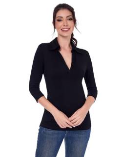 AmélieBoutik Damen-Poloshirt mit Kragen, tiefer V-Ausschnitt, 3/4-Ärmel, Strick, eng anliegend, lässig, Arbeit, Poloshirt, Schwarz, Groß von AmélieBoutik