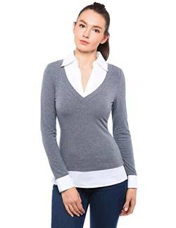 AmélieBoutik Damen-Pullover, 2-in-1-Stil, Langarm-Pullover, Bluse, Oberteil, grau, Groß von AmélieBoutik