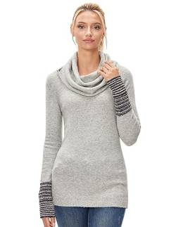 AmélieBoutik Damen Pullover Top mit Wasserfallkragen, lange Ärmel, gestreifte Manschetten, Hellgrau, Groß von AmélieBoutik