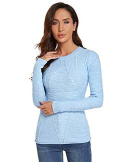 AmélieBoutik Damen Pullover aus Baumwoll-Mischgewebe, Rundhalsausschnitt, lange Ärmel, Zopfmuster, Heater Light Blue, Groß von AmélieBoutik