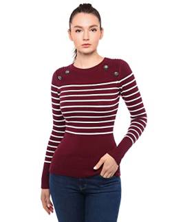 AmélieBoutik Damen Pullover mit Rundhalsausschnitt, gestreift, Militär-Knopf, verziert, Burgund und Elfenbein, X-Klein von AmélieBoutik