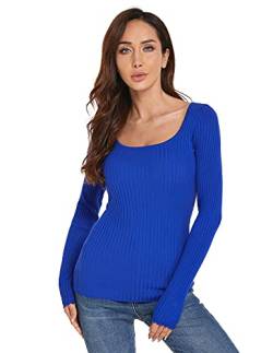 AmélieBoutik Damen Pullover mit U-Ausschnitt und langen Ärmeln, gewellter Bündchen, gerippter Pullover, blau, Groß von AmélieBoutik