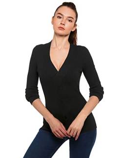 AmélieBoutik Damen Pullover mit V-Ausschnitt, Zopfmuster, vorne mit Twist und langen Ärmeln, gerippt, schwarz, Mittel von AmélieBoutik