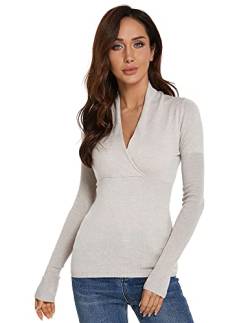 AmélieBoutik Damen Strickpullover mit V-Ausschnitt, Empire-Taille, langärmelig, hellbeige, Mittel von AmélieBoutik