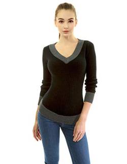 AmélieBoutik Frauen Baumwollmischung V-Ausschnitt Farbblock Langarm Kurve Saum Pullover, schwarz / grau, Mittel von AmélieBoutik