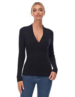 AmélieBoutik Frauen Crossover V-Ausschnitt Empire-Taille Langarm Pullover Top, Schwarz, Groß von AmélieBoutik