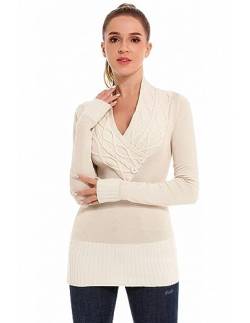 AmélieBoutik Frauen Crossover Zopfmuster V-Ausschnitt Langarm Pullover Sweater, Hellbeige, Mittel von AmélieBoutik