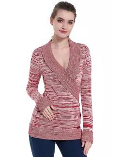 AmélieBoutik Frauen V-Ausschnitt Faux Wrap Langarm Meliert Tunika Pullover, rot (Heather Red), Groß von AmélieBoutik