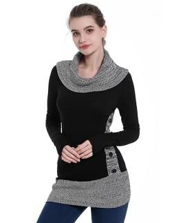 AmélieBoutik Frauen Wasserfallkragen Langarm Knopf verziert Tunika Pullover, Schwarz, X-Groß von AmélieBoutik