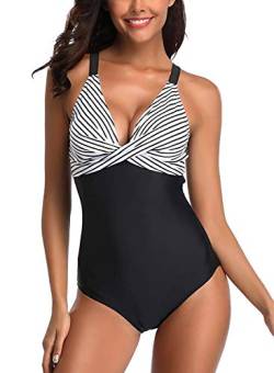 Amenxi Badeanzug Damen Bikini Set Hohe Taille Schnell Trockend Bauchweg Sportlich Beachwear Bademode Schwimmanzug (Streifen, EU 42-44(XL)) von Amenxi