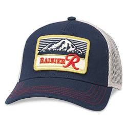 AMERICAN NEEDLE Rainier Beer Valin Verstellbare Snapback Trucker Baseballmütze, Elfenbein/Marineblau (SMU500C-PBC), Rainier (Elfenbein/Marineblau), Einheitsgröße von American Needle