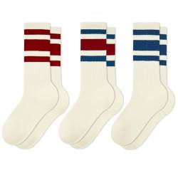 American Trends Gestreifte Damensocken, Retro-Socken, Crew-Socken, sportlich, Wadensocken, 3er-Pack, Blau, Rot, Blau und ECE, Einheitsgröße von American Trend