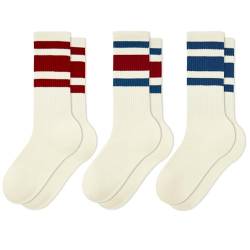 American Trends Gestreifte Damensocken, Retro-Socken, Crew-Socken, sportlich, Wadensocken, 3er-Pack, Blau, Rot, Blau und ECE, Einheitsgröße von American Trends